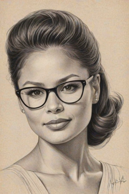Sublime Vanessa Lachey, pencil sketch, portrait of Splendid woman 1940s in glasses, hair style beatnik, outline, clear lines, fine lines, 8k