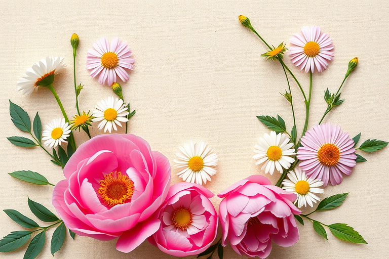 Create a high-resolution floral design with vibrant peonies and daisies on a textured beige background using a DSLR camera at 50mm focal length, f/2.8 aperture, ISO 100, and soft natural lighting to enhance colors and details.
