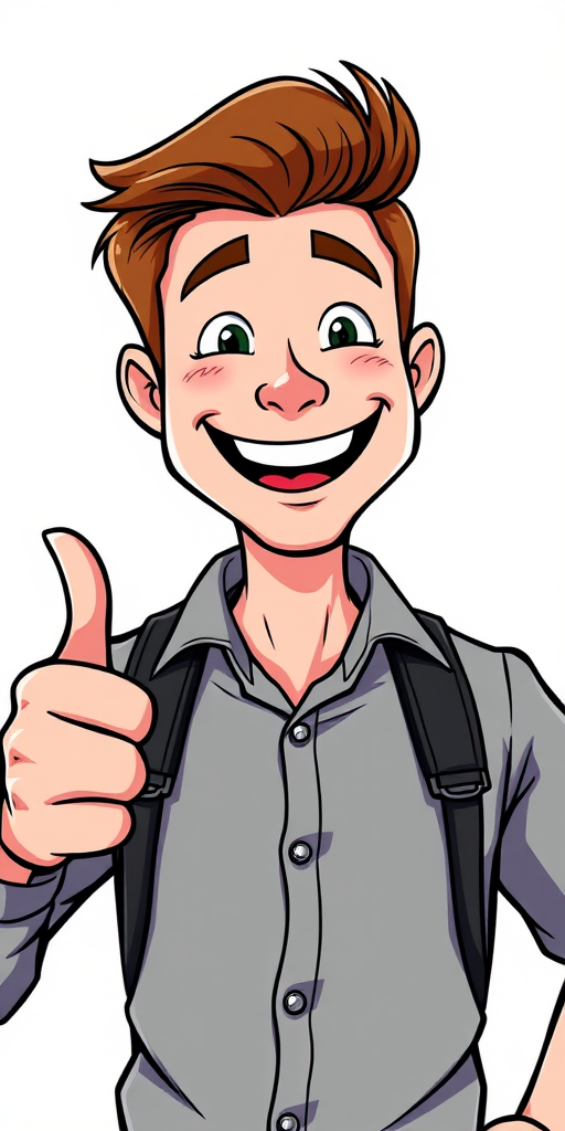 Create a colorful cartoon character of a cheerful man with brown hair giving a thumbs-up, set against a bright background, captured with a DSLR camera, aperture f/2.8, ISO 100, 50mm lens, in a bright and vibrant style.