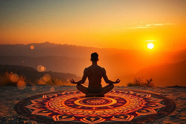 a serene sunset landscape with a meditating figure seated cross-legged on a vibrant mandala, surrounded by glowing energy orbs, mountains in the background, soft focus, shot with a Canon EOS R5, 50mm lens, aperture f/1.8, ISO 100, shutter speed 1/200s, natural light for a warm glow
