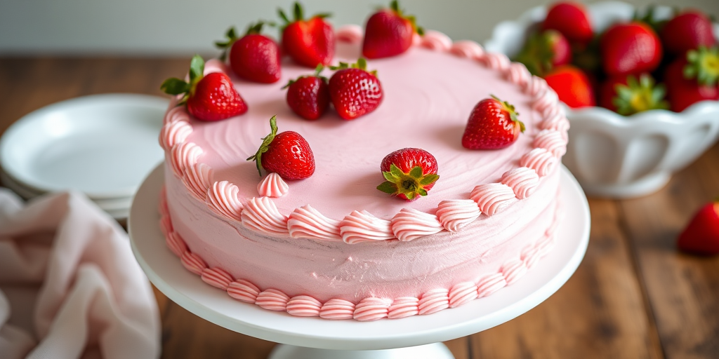 A beautifully decorated round cake with smooth pink frosting and intricate piping around the edges topped with fresh strawberries, placed on a white cake stand with a bowl of strawberries in the background.