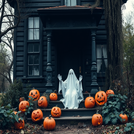 A ghost in a white sheet sitting on the steps of a dark old house surrounded by carved pumpkins with spooky faces and overgrown plants in a Halloween setting