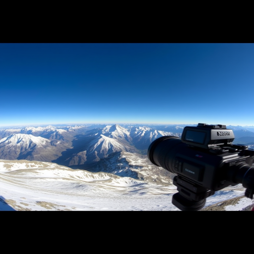 Capture a panoramic view of snow-capped mountains under a clear blue sky, using a DSLR camera with a 24mm lens, aperture f/8, ISO 100, shutter speed 1/200 sec, with a wide-angle shot for enhanced depth and detail.