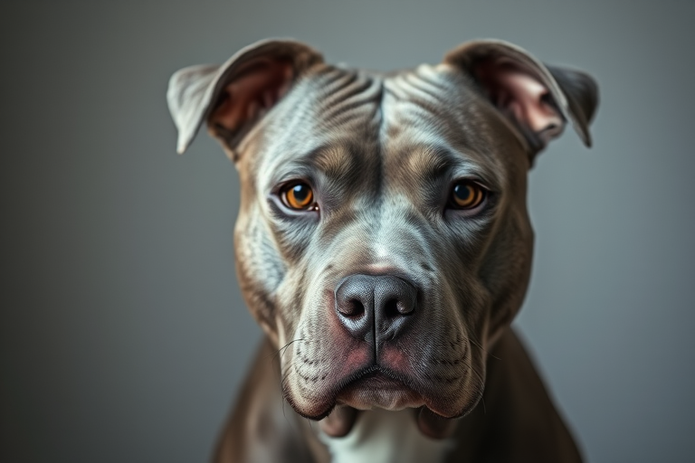 portrait of a gray pit bull with a focused expression, soft lighting, shallow depth of field, ISO 100, f/2.8, 50mm lens, DSLR camera, high resolution, neutral background