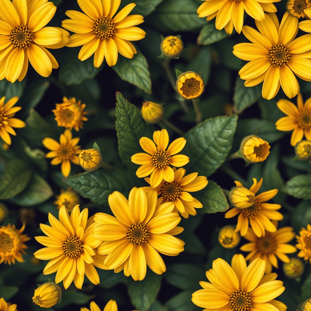 create a seamless floral pattern featuring yellow flowers with green leaves in the background, shot with a macro lens at f/2.8, ISO 100, 1/200s, top-down view, on a medium format camera to enhance image quality