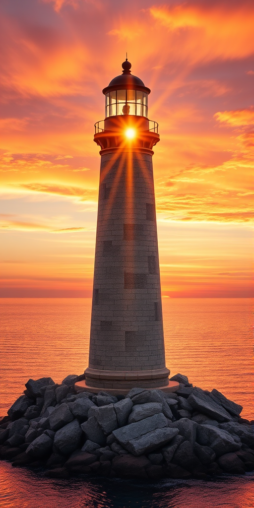Generate an image of a tall lighthouse perched on a rocky outcrop surrounded by calm ocean waters during a breathtaking sunset. The lighthouse stands sturdy and weathered, its stone surface illuminated by the warm golden light of the setting sun. The sun's rays pass directly through the glass lantern room at the top of the lighthouse, casting a brilliant light across the scene. The sky is painted with vibrant shades of orange, pink, and purple, reflecting off the tranquil sea. The surrounding water shimmers with the same warm hues, creating a serene and majestic atmosphere.