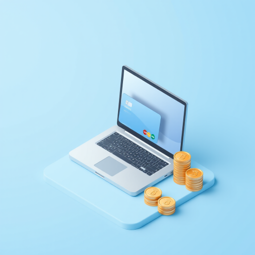 Create an isometric illustration of online payment with a laptop displaying a credit card and stacks of coins beside it, set against a gradient blue background, use a Canon EOS R5 with a 24-70mm lens at f/8, ISO 100, and a wide-angle view for a clean, modern aesthetic.