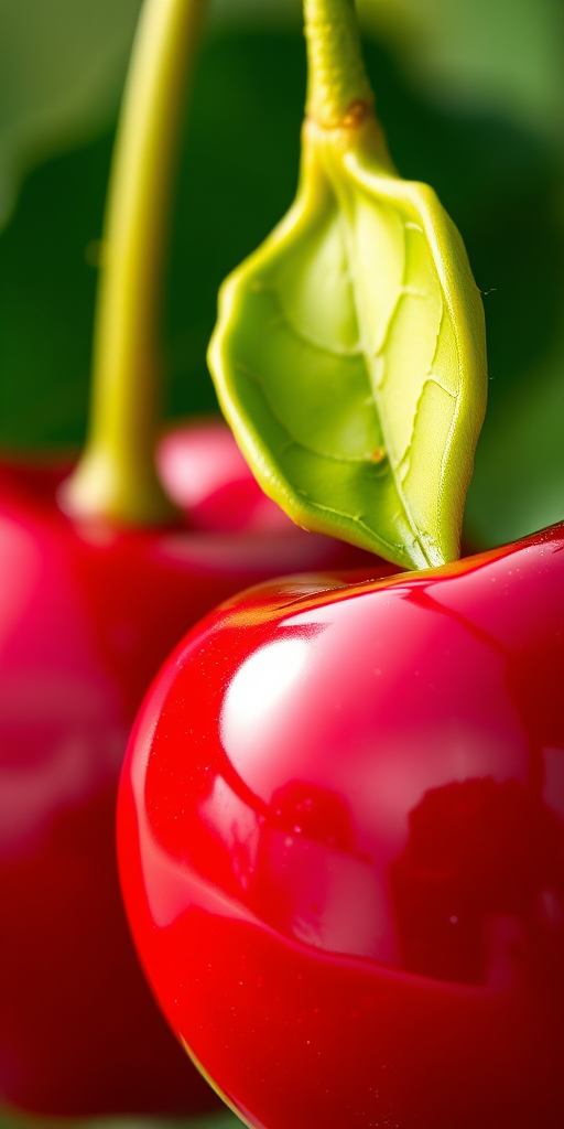 Create a vibrant close-up illustration of two glossy red cherries with a green leaf attached, using a DSLR camera with a 50mm lens, aperture set to f/2.8 for a shallow depth of field, and natural lighting to enhance color saturation and detail.
