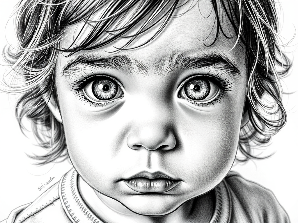 A hyperdetailed photorealistic black and white sketch of a beautiful toddler with deep white eyes, with a macro focus