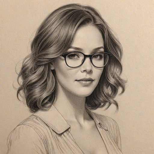 Lovely Katherine McPhee, pencil sketch, portrait of Exquisite woman 1947s in glasses, hair style beatnik, outline, clear lines, fine lines, 8k