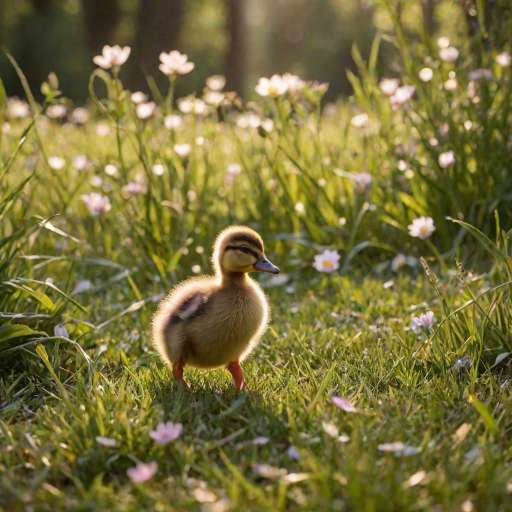 Softly focused photo of a baby duckling waddling through a grassy field, soft sunlight filtering through the surrounding trees, with distant flowers in full bloom.