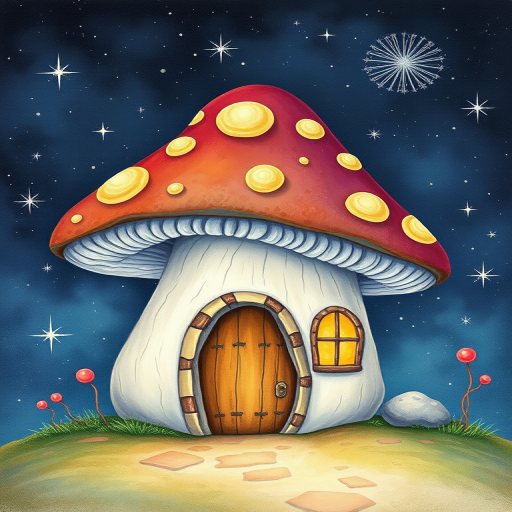 this photo is illustration of a mushroom house with a door and a window, a storybook , fantasy art, mushroom house, bg starry sky, sparkles