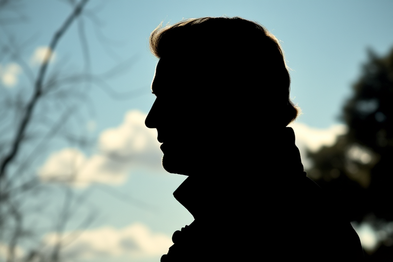 Generate a high-resolution silhouette of a historical figure's profile, shot with a Canon EOS R5 at f/2.8, ISO 100, in natural lighting from a side view, using a portrait lens to enhance image clarity and depth.