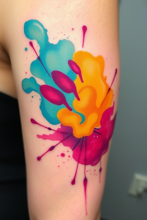 Vibrant watercolor splash tattoo named "Chromatic Symphony" featuring swirling hues of teal, magenta, and golden yellow blending seamlessly across the skin with delicate ink splatters and fine line accents