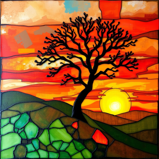 A vibrant abstract painting on Tiffany Glass, blending acrylic and alcohol ink techniques, captures a dramatic sunset over rolling hills. The artwork features a textured, rocky foreground in green and brown, layered abstract hills, and a striking sunset in rich oranges, yellows, and reds. A solitary black tree with intricate branches contrasts against the fiery sky, creating a dynamic and expressive portrayal of a breathtaking natural scene.