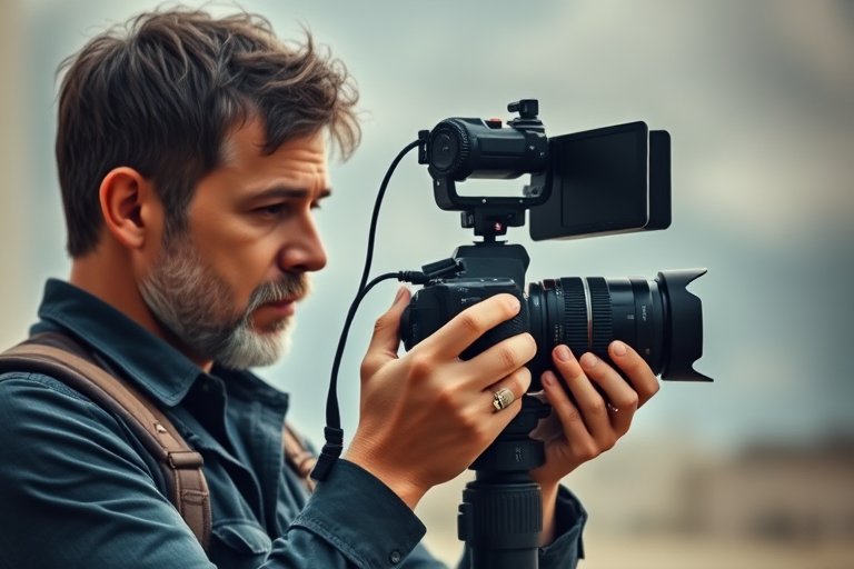 Create a high-resolution digital artwork of a man filming with a vintage camera, using soft focus and a muted color palette, in a natural light setting, captured with a DSLR camera at f/2.8, ISO 100, 1/250s shutter speed, with a shallow depth of field for an artistic blur effect.