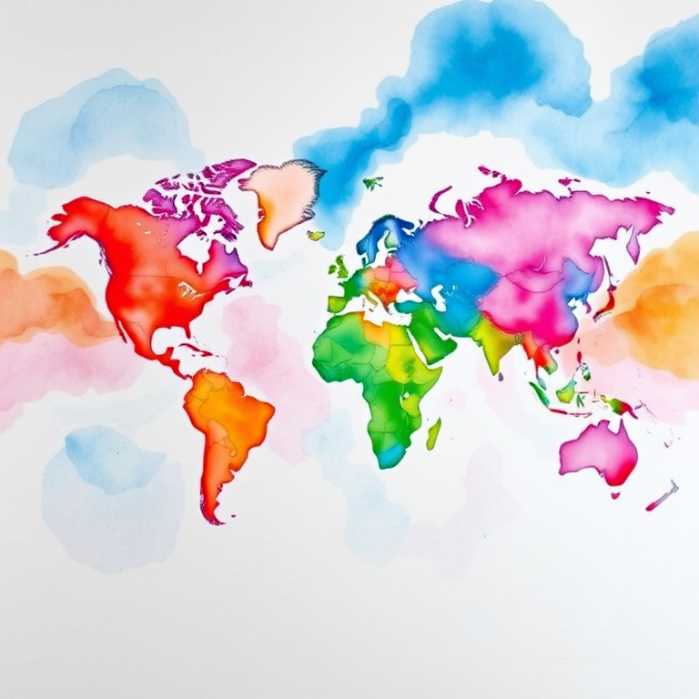 Create a vibrant watercolor world map with bold colors and soft transitions, captured with a DSLR camera, 50mm lens, f/1.8 aperture, ISO 100, natural lighting, top-down view, high-resolution.