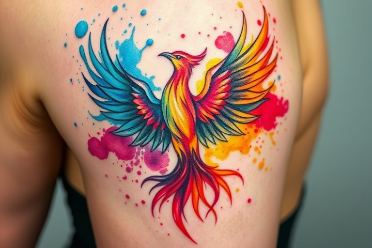 Abstract watercolor tattoo showcasing splashes of vibrant colors forming a phoenix rising from ashes, with loose, expressive brushstrokes, named "Rebirth in Color"