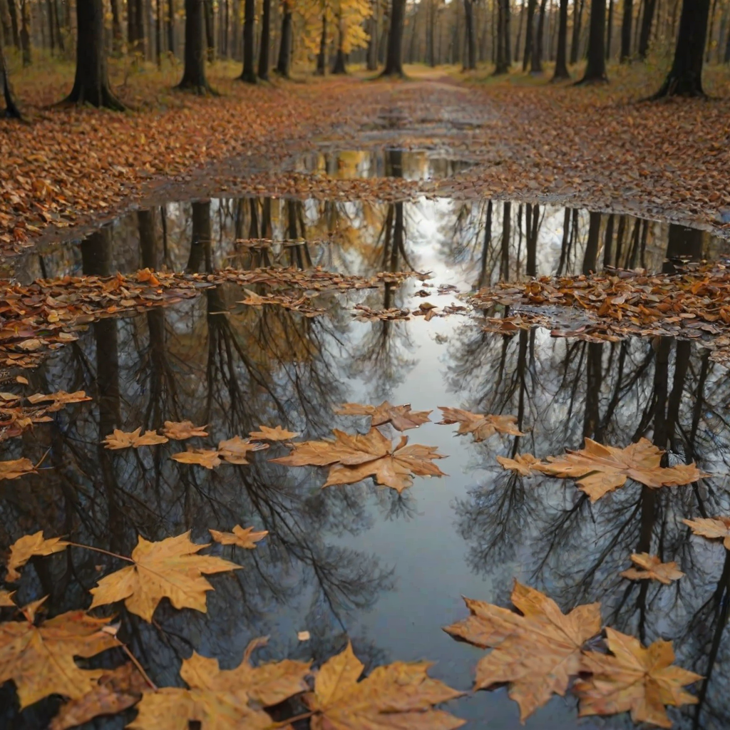 trees reflecting in a puddle of water mirror of trees, a cloudy sky with golden light, low grip, autumn atmosphere, dead leaves in the puddle, 4k