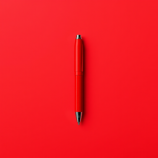 Create a high-resolution digital illustration of a red pen standing upright on a solid vibrant red background, captured with a Canon EOS R camera, 50mm lens, f/2.8 aperture, ISO 100, using a flat lay view to enhance the detail and clarity of the pen.