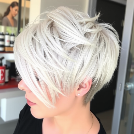 Chic Platinum Pixie cut with textured layers, asymmetrical bangs, and a bold undercut design, creating a modern and edgy look with a touch of sophistication