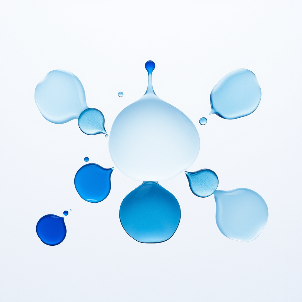 Regenerate an image featuring six distinct water droplet designs in shades of blue, arranged creatively with a clean background, captured using a DSLR camera, 50mm lens, f/2.8 aperture, ISO 100, 1/200s shutter speed, top-down view, soft natural lighting.