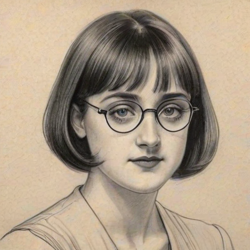 Captivating Mara Wilson, pencil sketch, portrait of Graceful woman 1928s in glasses, hair style beatnik, outline, clear lines, fine lines, 8k