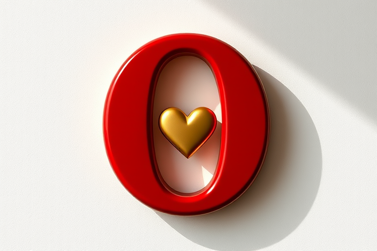 Create a high-resolution image of a stylized letter "O" in deep red with a gold outline and a small gold heart integrated into the design, using a DSLR camera with a 50mm lens, aperture set at f/1.8, ISO 100, and natural soft lighting to enhance textures and contrasts.