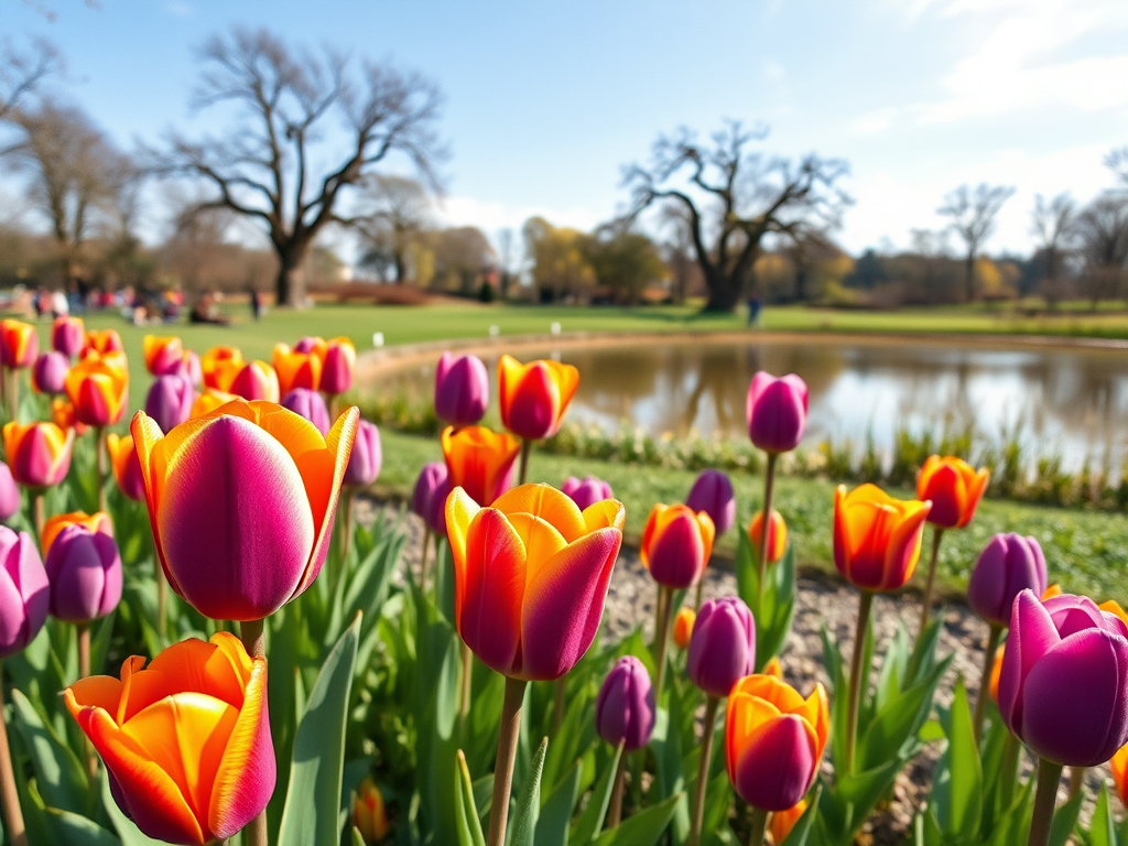 Create a vibrant watercolor landscape featuring blooming purple and orange tulips in a scenic park with distant trees and a serene pond, captured with a Canon EOS R5, 50mm lens, f/2.8 aperture, 1/250 sec shutter speed, ISO 100, including soft natural light for enhanced color saturation and detail.