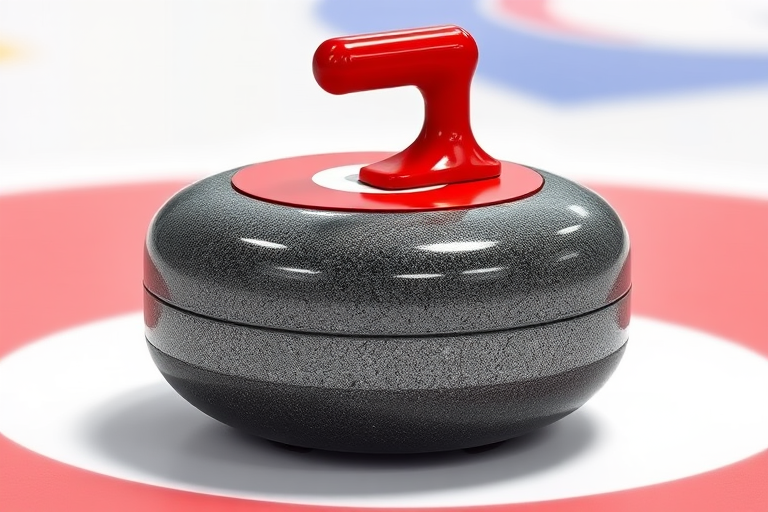 Create a high-resolution digital illustration of a curling stone with a bright red handle, viewed from a slightly elevated angle, using a Canon EOS R5 camera at f/5.6, ISO 100, with a 50mm lens for sharp focus and vibrant colors.