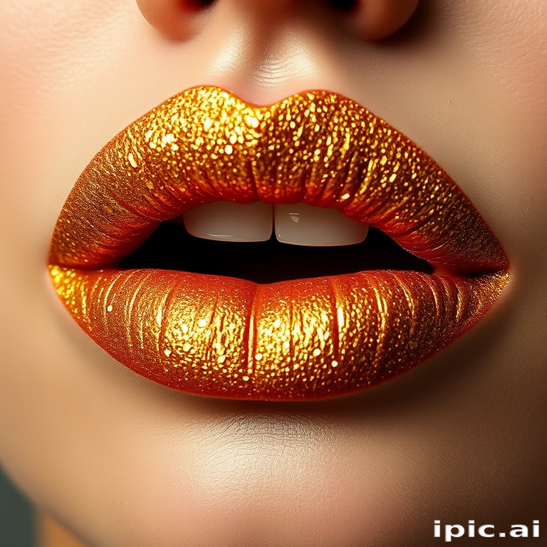 Glittering gold lips adorned with tiny flecks of metallic pigment, creating a luxurious and opulent appearance fit for royalty
