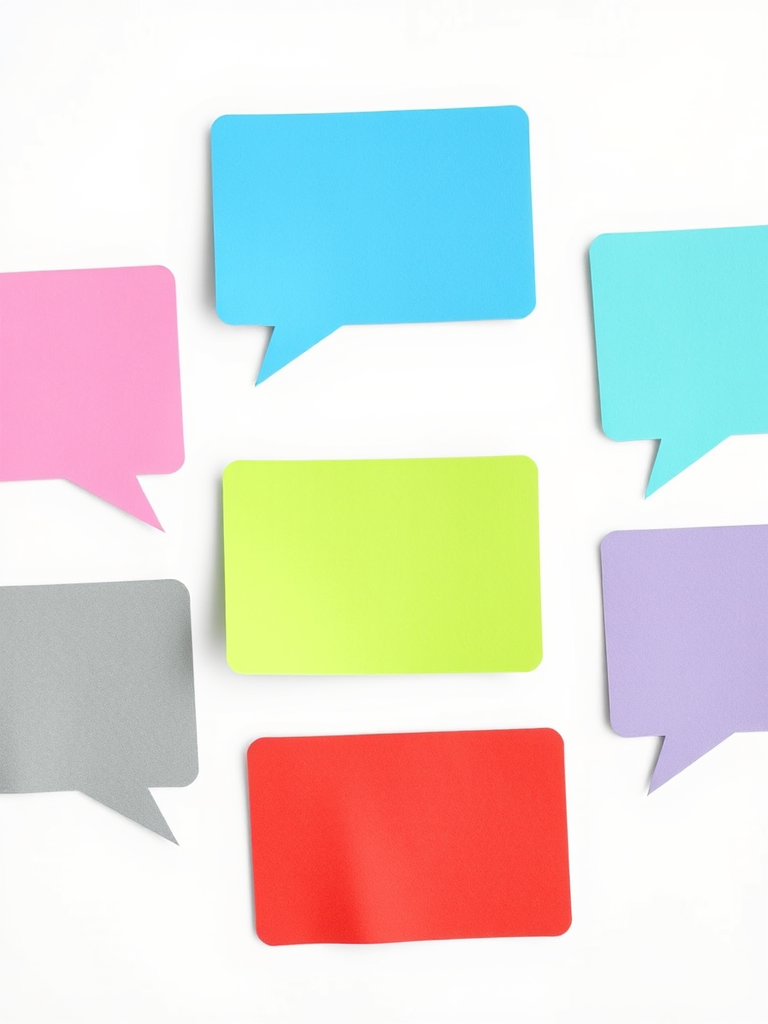 Create an image of six speech bubble note cards in different colors (pink, blue, green, red, gray, purple) on a white background, with a clean and modern design, using a DSLR camera with a 50mm lens, aperture set to f/2.8 for shallow depth of field, and a soft natural light to enhance the colors and details.