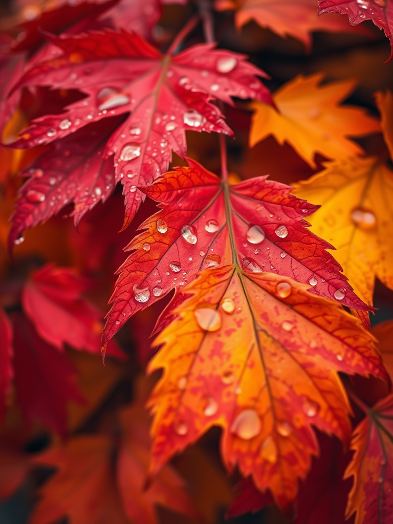 Close-up of vibrant autumn leaves in shades of red, orange, and yellow with raindrops, shot with a DSLR camera at f/2.8, ISO 200, shutter speed 1/60 sec, focused from a bird's eye view with a macro lens to enhance detail and sharpness.