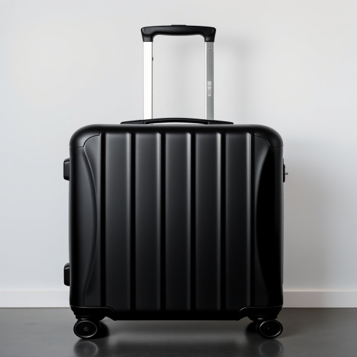 Create a high-resolution image of a sleek black suitcase, with a focus on minimalist design, using a DSLR camera at f/1.8 aperture, ISO 100, and a shutter speed of 1/250 sec, shot from a slightly elevated angle to highlight its contours and details.