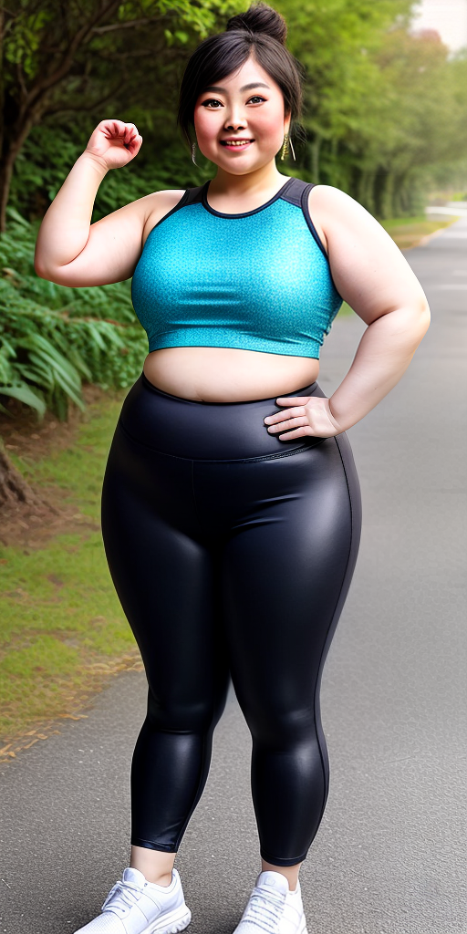 Chubby asian lady with crop top and leggings