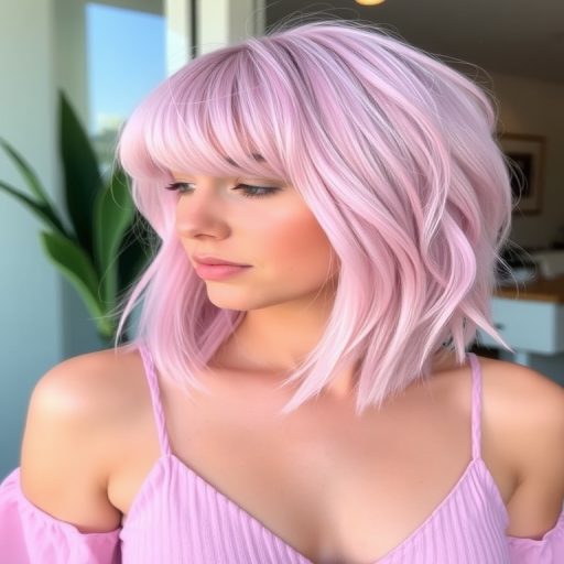 Whimsical cotton candy pink bob with blunt ends and micro bangs, featuring a subtle lavender root shadow and styled in tousled beach waves