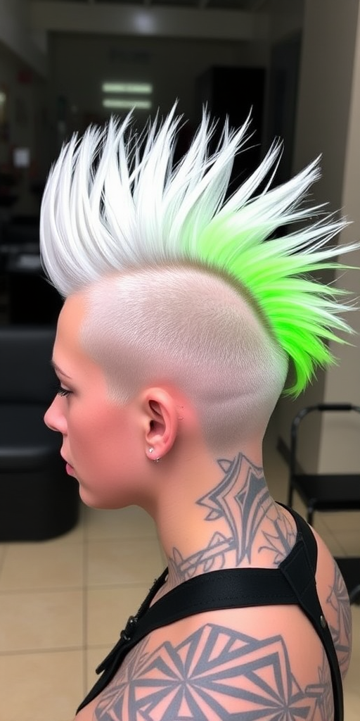 Edgy platinum blonde mohawk with neon green tips, styled by Spike Voltage, featuring a high-contrast look with shaved sides adorned with intricate geometric patterns