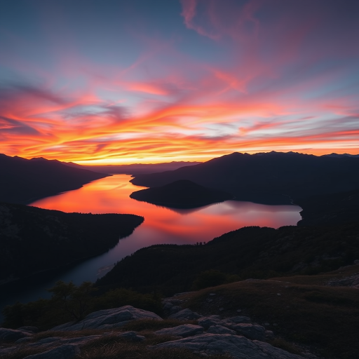 Create a high-resolution image of a serene landscape featuring a calm lake surrounded by mountains during sunset with vibrant colors in the sky, captured using a DSLR camera with a 50mm lens at f/1.8, ISO 100, shutter speed of 1/200 sec, in landscape orientation.