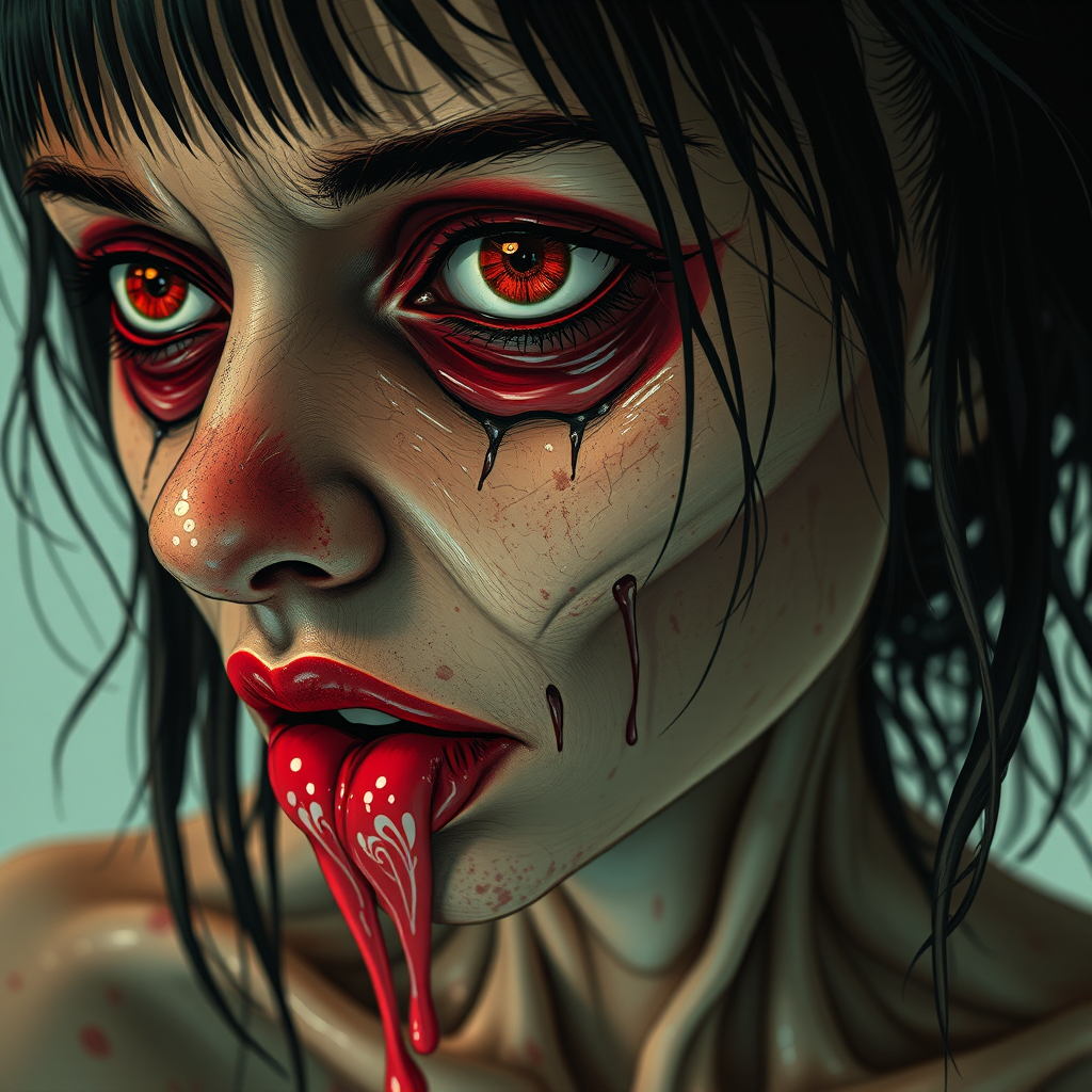 (perspective) of A creepy (ethnicity) zombie cyborg with (descriptive color) skin, (color) lipstick (color) liquid flowing from her eyes and mouth, (perspective two) portrait, (camera angle), extremely detailed, (art style) in the style of Yoshitaka Amano and Tetsuo Hara. --ar 85:128 --style raw --niji 6