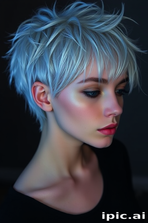 Ethereal Moonbeam Tresses showcase a silvery-white pixie cut with iridescent blue undertones, creating an otherworldly shimmer that seems to glow in the darkness