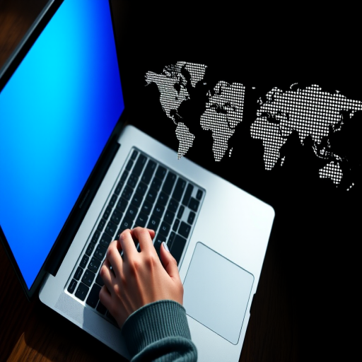 A high-resolution image of a person typing on a laptop with a blue gradient screen on the left side, accompanied by a world map in a dotted style on the right, shot with a Canon EOS R5 at f/2.8, 1/250s, ISO 100 from a top-down camera view for enhanced clarity and focus.