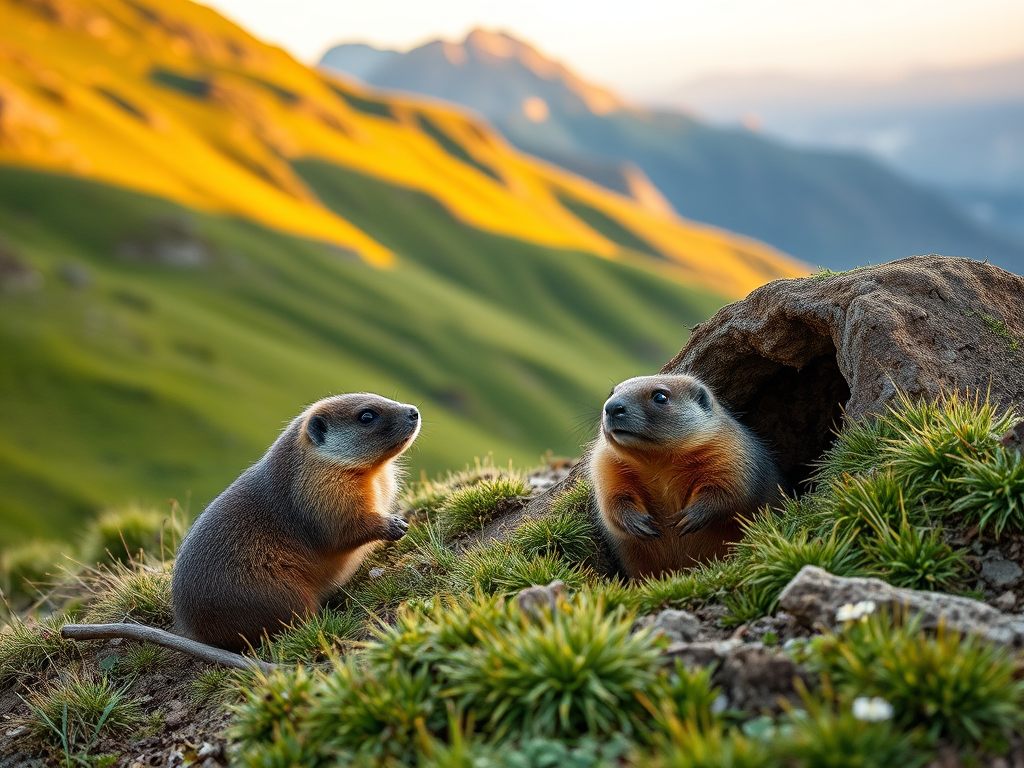 Generate an image of two marmots standing next to their burrow in a lush green mountainous area during golden hour, using a Canon EOS R5 with a 50mm lens, aperture set to f/2.8, shutter speed at 1/250 seconds, and ISO 200 for enhanced image quality.