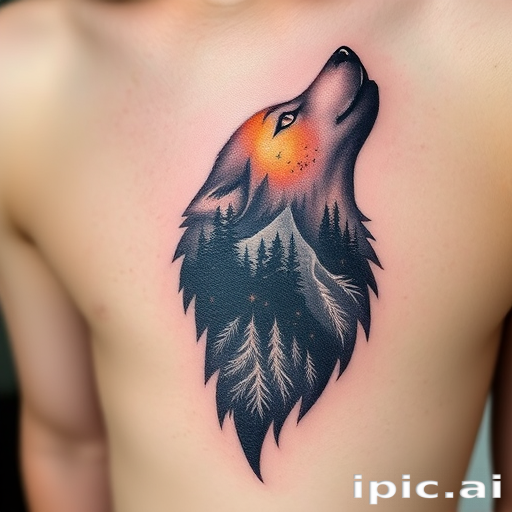 nature-inspired dotwork tattoo featuring a majestic wolf silhouette filled with intricate forest scenes and constellations, gradually fading into the skin for a ethereal effect