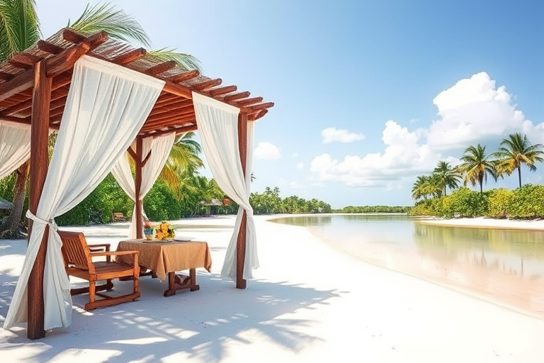 Create a picturesque tropical beach scene featuring a serene, white sandy shore. In the foreground, there's a rustic wooden canopy with white drapes gently flowing in the breeze. Underneath the canopy, a table is set with tropical decor, evoking a sense of relaxation and leisure. The beach extends into a calm, shallow water area with reflections of the sky and surroundings. Palm trees and lush greenery line the edge of the beach, providing a natural, tropical backdrop. The sky is clear with a few scattered clouds, and the overall atmosphere is tranquil and inviting, perfect for a peaceful retreat.