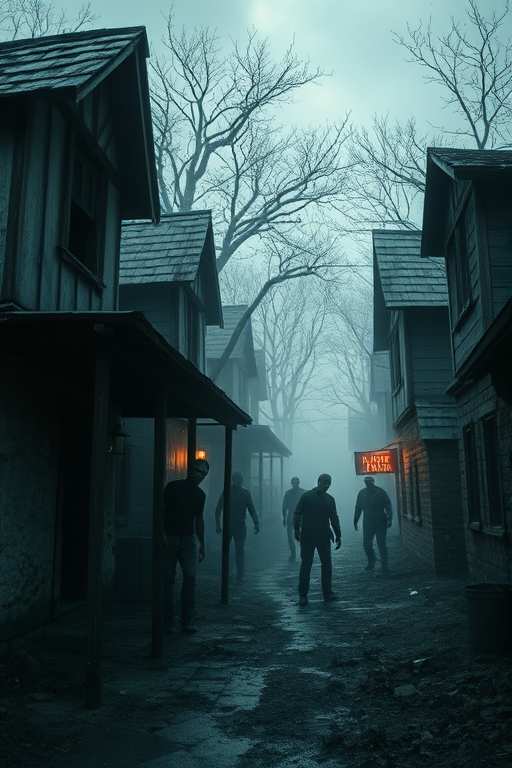 Create a highly detailed horror scene featuring a group of terrifying zombies emerging from dilapidated village houses, with eerie fog and a gritty atmosphere, captured with a DSLR camera, 50mm lens, f/1.8 aperture, ISO 200, 1/200s shutter speed, wide-angle view, and high dynamic range for enhanced clarity and depth.