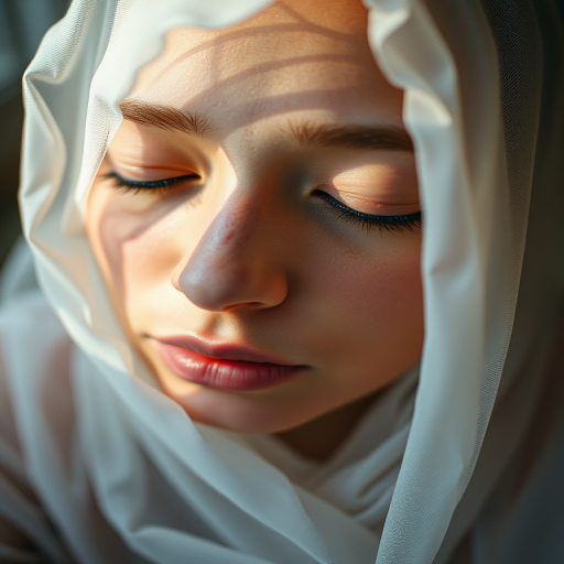 portrait of a person with their eyes closed, draped in a translucent fabric, soft natural lighting, focus on facial features, shallow depth of field, camera settings: f/1.8, ISO 100, shutter speed 1/200s, camera view from eye level, camera style: soft and dreamy, camera type: DSLR
