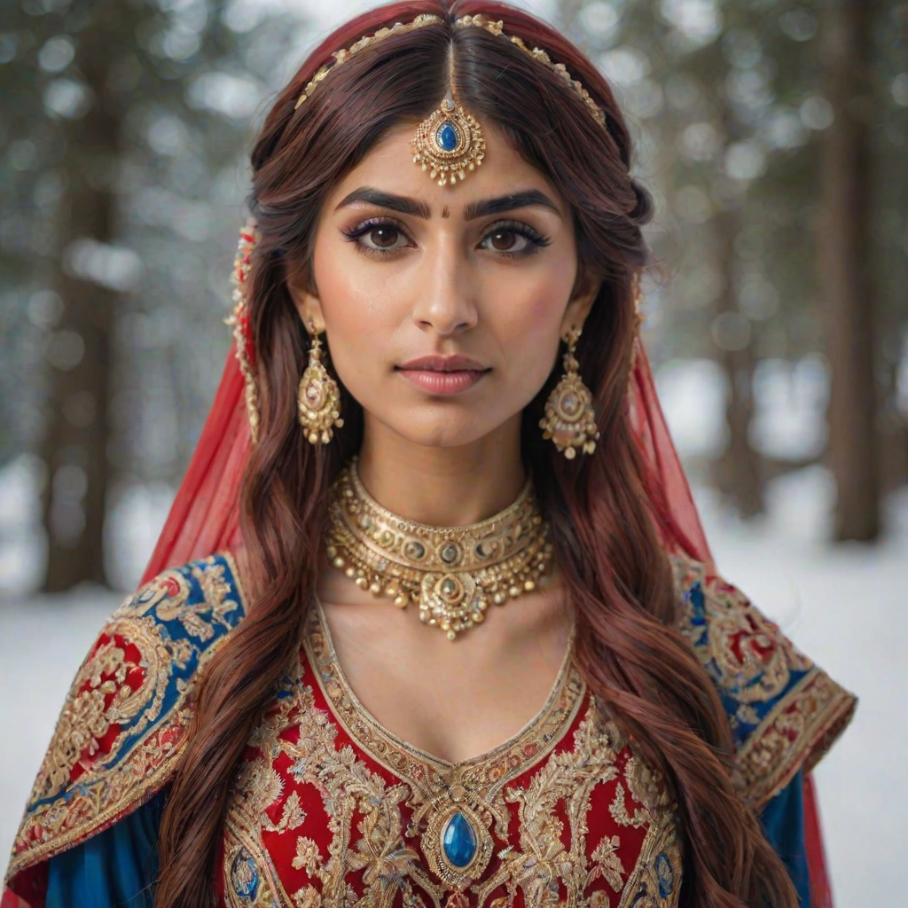 A mia khalifa with long, flowing red hair, wearing a traditional, ornate red and blue costume with gold accents and intricate embroidery, stands facing the viewer in a close-up portrait. Her hair is styled in a high ponytail and adorned with a pair of golden, winged hairpieces. She wears gold earrings and her makeup is accented with light pink blush and a bright red lip. She has a soft and slightly melancholic expression, with her eyes looking directly at the camera. The background is a blurred, out-of-focus snowy landscape, with the woman in the foreground. The lighting is soft and natural, creating a warm, intimate atmosphere. The image is composed using a shallow depth of field, with the woman as the main focal point. The overall style is elegant, delicate, and fairytale-like.