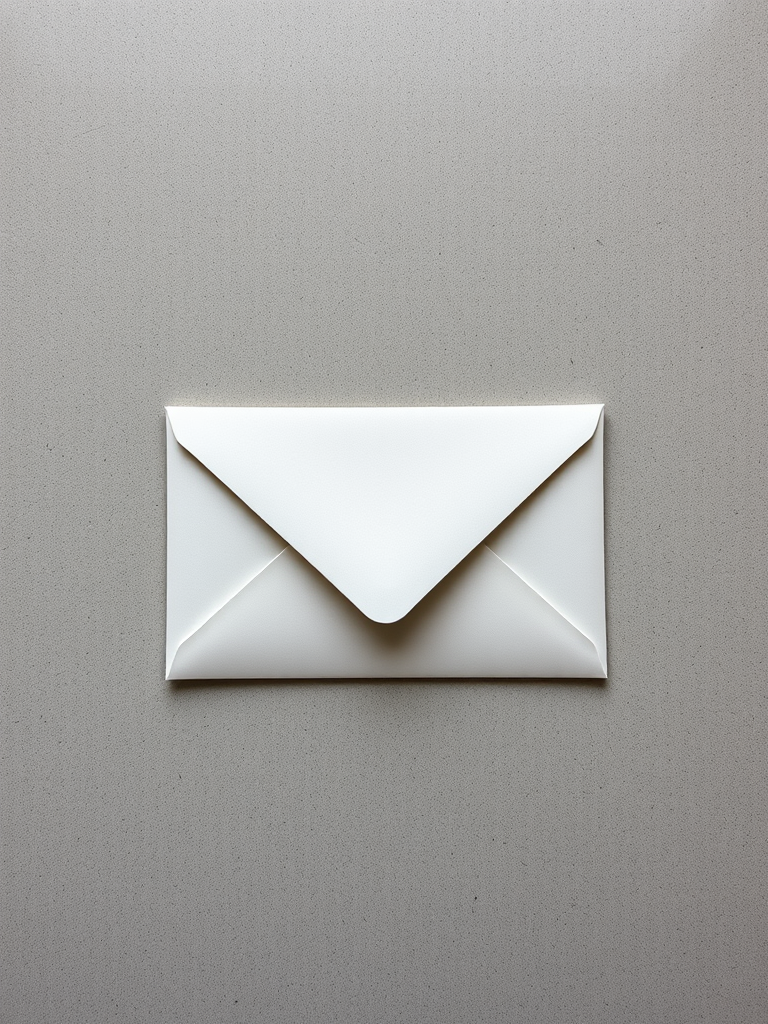Create a high-resolution image of a closed envelope on a flat surface, using a 50mm lens at f/2.8 aperture, ISO 100, with a slight top-down view, captured with a DSLR camera and natural soft lighting for enhanced detail and texture.