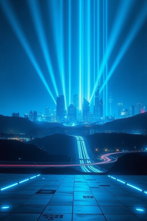 create a futuristic digital landscape featuring a glowing blue skyline with light beams extending upwards, shot with a DSLR camera at 50mm, f/1.8 aperture, ISO 200, in low light conditions with a long exposure effect to enhance brightness and clarity.