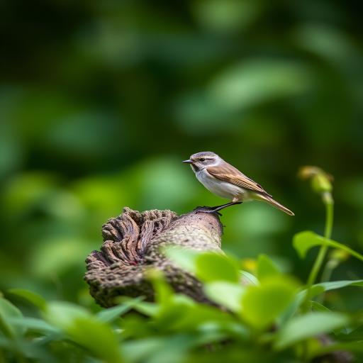A small bird perched on a log in a lush green environment, soft bokeh background, focal length 200mm, aperture f/4, ISO 200, DSLR camera, natural light, shallow depth of field.